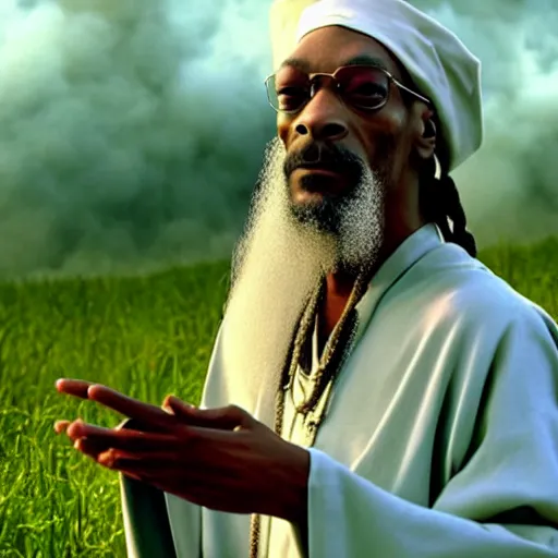 Image similar to snoop dogg with white hair and white beard as gandalf the white, exhaling a huge cloud of magical purple smoke in the vast and lush green fields of the shire, Japanese CGI, VFX, 2003, 40mm lens, shallow depth of field, film photography, volumetric lighting, highly detailed, ultrarealistic