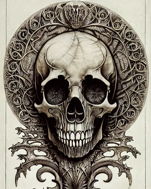 Image similar to memento mori by arthur rackham, art forms of nature by ernst haeckel, exquisitely detailed, art nouveau, gothic, ornately carved beautiful skull dominant, intricately carved antique bone, art nouveau botanicals, ornamental bone carvings, art forms of nature by ernst haeckel, horizontal symmetry, arthur rackham, ernst haeckel, symbolist, visionary