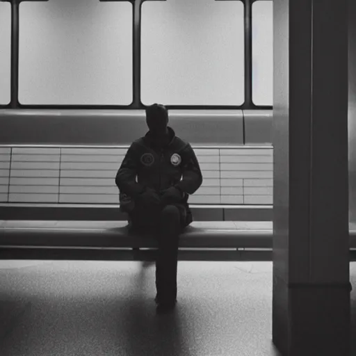 Image similar to a beautiful photo of an astronaut waiting in a subway station, 1970', soft light, morning light, photorealistic, realistic, octane, 8k, cinematic shot