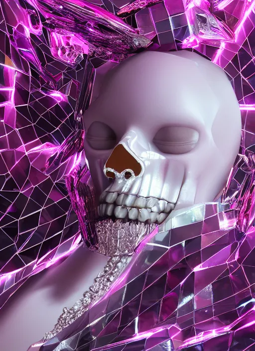 Image similar to photo of fullbodied baroque and bladerunner delicate neon diamond sculpture of seductive onyx albino marble prince kai harvatz dotado pink iridescent skull psychedelic, reclining, glowing magenta face, crown of white diamonds, cinematic lighting, photorealistic, octane render 8 k depth of field 3 d