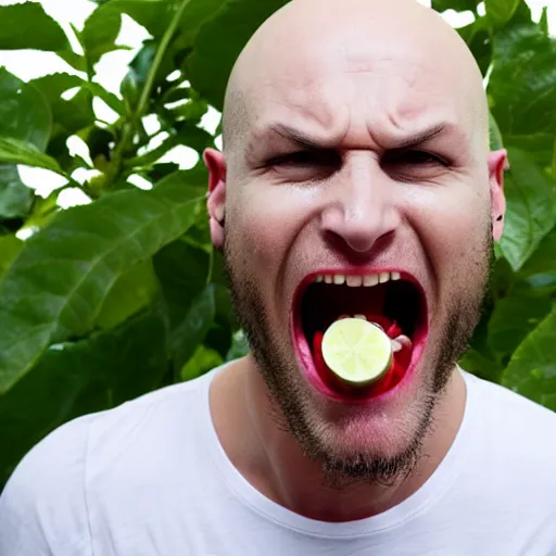 Image similar to angry bald swedish man biting into a raw lime on live camera