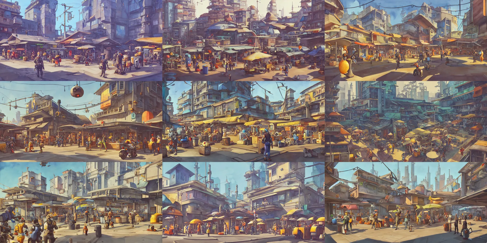 Prompt: overwatch building, stylized, exterior, architecture, in watercolor gouache detailed paintings, insanely detail, artstation, 8 k, futuristic, big medium small, arcane, simon stalenhag, food stall, interesting shapes & form, golden ratio, hard surface, props, fish market, street, slums, crowded