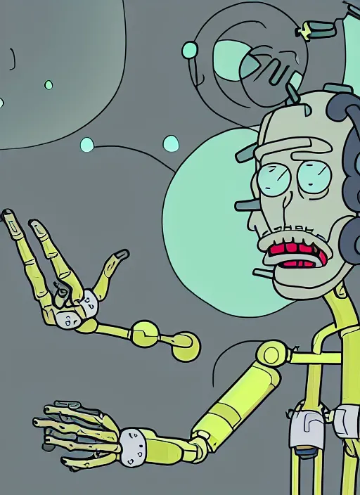 Image similar to an artificial intelligence in a robot short circuiting trying to figure how hands look, rick and morty art style illustration