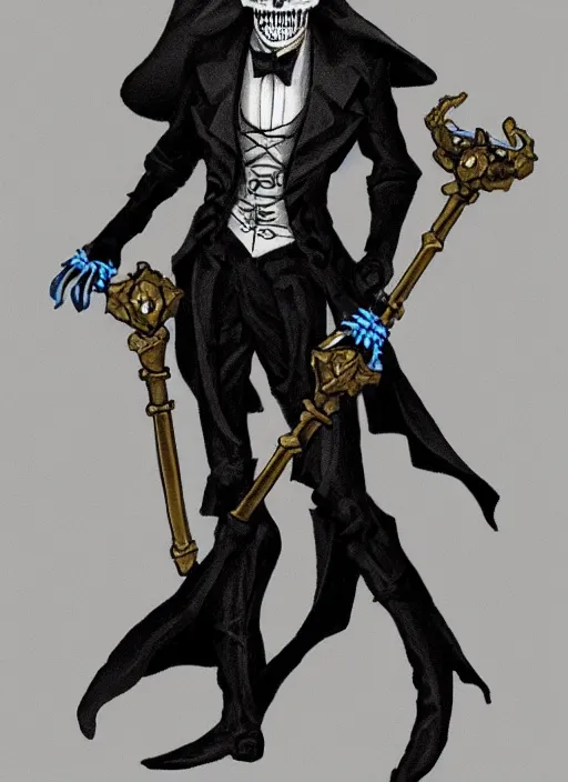 Image similar to DND character art, skeletal male figure, wearing a deep black suit!!! and tie and top hat, holding a gold! cane!, blue flames!!