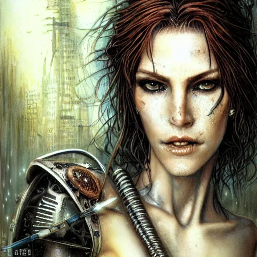 Image similar to an award finning closeup facial portrait by luis royo and john howe of a very beautiful and attractive female bohemian cyberpunk traveller aged 5 0 with green eyes and freckles in clothed in excessively fashionable cyberpunk gear and wearing ornate warpaint