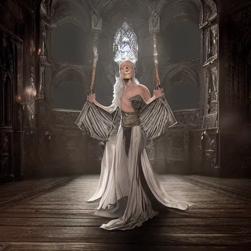 Image similar to digital matte painting of daenerys targaryen dancing alone in a dark gothic style ballroom, detailed face dark dramatic mysterious style of luis royo, 8 0 mm camera, high detail, hd 8 k