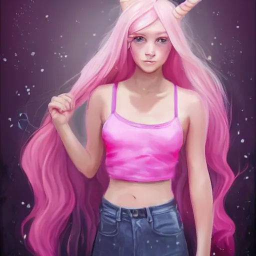 Prompt: very very very beautiful pink gamer girl wearing headphones with a unicorn horn coming out of her head standing in a pink girls room, full body portrait, eye contact, smiling, perfect face, perfect body, extreme long shot, drawn by charlie bowater