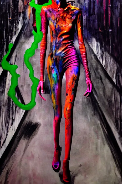 Image similar to crazy fashion catwalk, one model, crazy clothes, biopunk style, horror, clothes look like slime, hauntingly surreal, highly detailed painting by francis bacon, edward hopper, adrian ghenie, gerhard richter, and james jean soft light 4 k,