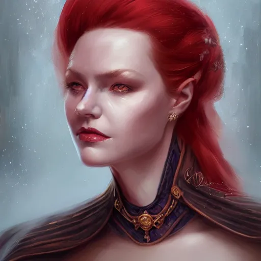 Prompt: a detailed matte head - on portrait painting of an middle - aged tiefling elegant and distinguished noblewoman with golden eyes and short long flowing red hair, by charlie bowater, lise deharme, wlop, tending on arstation, dungeons and dragon, dnd, pathfinder, fanart, oil on canvas