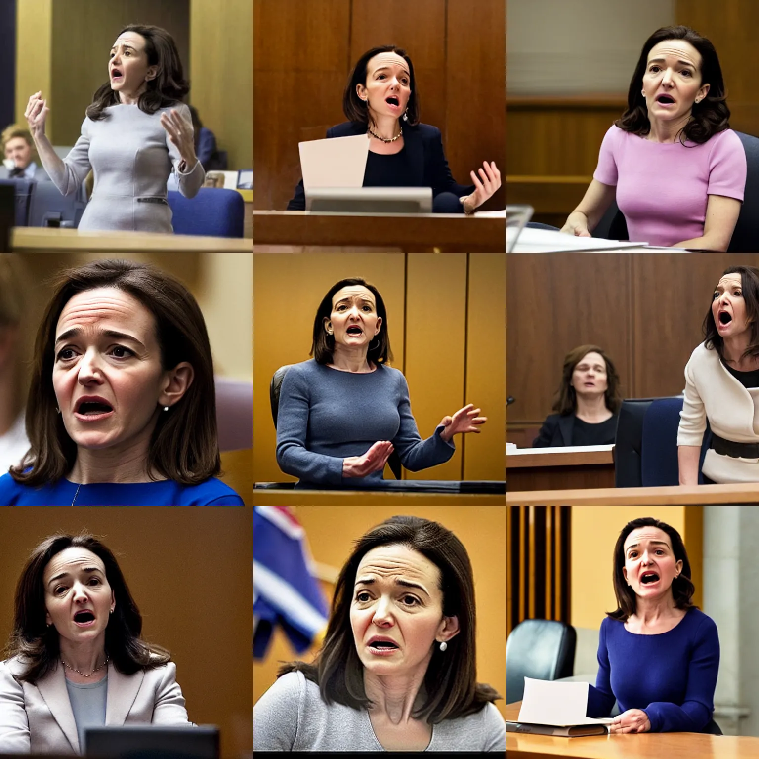 Prompt: Movie still of a furious, screaming Sheryl Sandberg testifying in court in Facebook The Movie (2017), directed by Steven Spielberg