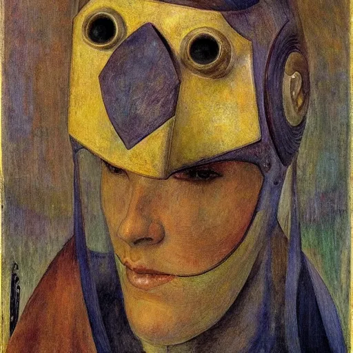 Image similar to the robot in her moth mask, by Annie Swynnerton and Diego Rivera, in profile, symbolist, dramatic lighting, elaborate geometric ornament, Art Brut ,god rays, soft cool colors,smooth, sharp focus, extremely detailed, Adolf Wölfli