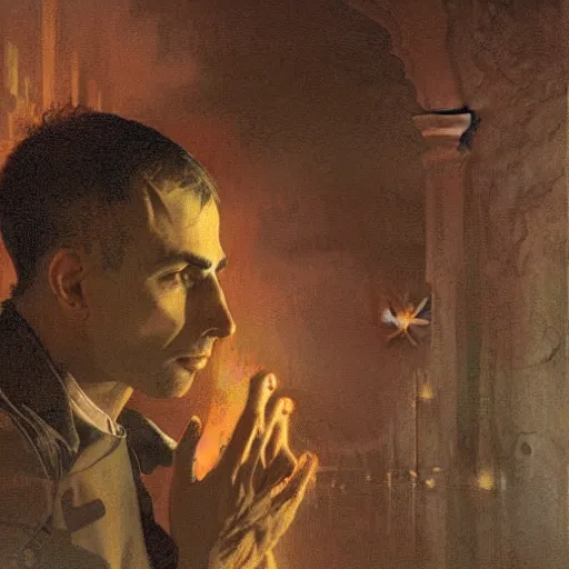 Image similar to Close up of a young, thin and stern catholic priest in his thirties fervently praying as he is about to die from the ominous terrifying Lovecraftian yellow shadow descending upon him from the night sky. Low angle, dramatic lighting. Art by Greg Rutkowski and Alphonse Mucha