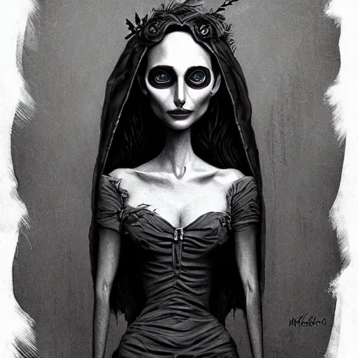 Image similar to michael karcz grunge drawing of natalie portman. , in the style of corpse bride, loony toons style, horror themed, detailed, elegant, intricate, trending on artstation, 4k