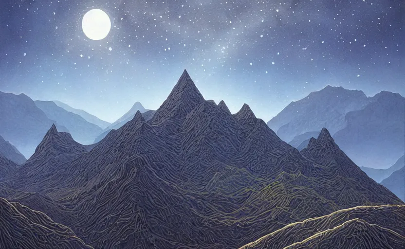 Prompt: mountains, stars and paisley filled sky, artstation, intricate, highly detailed, digital painting, concept art, sharp focus, illustration by Michael Whelan and James Jean