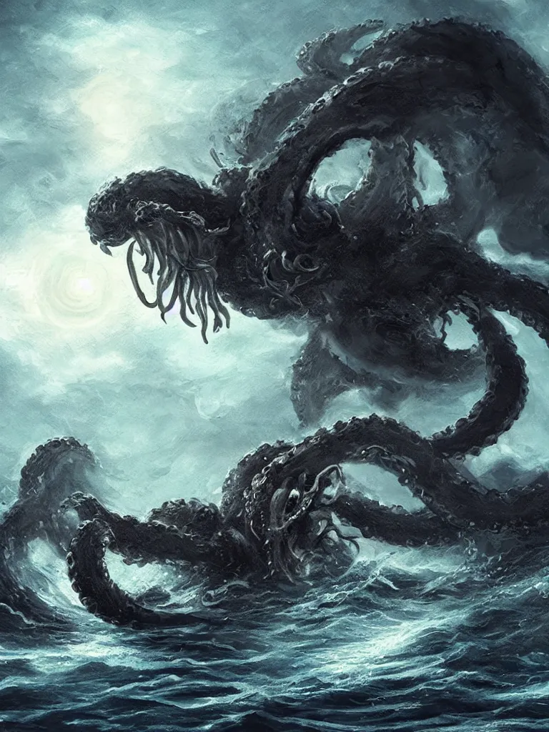 Prompt: digital art of a kraken attacking a ship on the surface of the ocean, detailed, dark, ominous