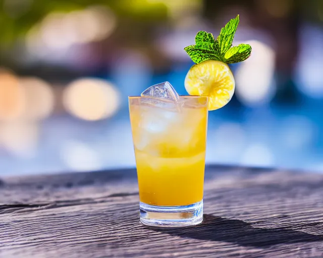 Prompt: 5 5 mm photo of best cocktail on a wooden table with beach waves and blue sunny skies in the background. dof. bokeh. magical atmosphere. highly detailed 8 k. intricate. lifelike. soft light. nikon d 8 5 0.