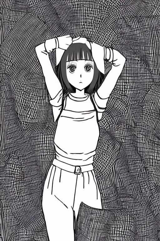 Image similar to portrait of a girl in long pants and a top, hands in pockets, eyes closed, bob haircut, digital art, black and white, lineart by junji ito and kaoru mori