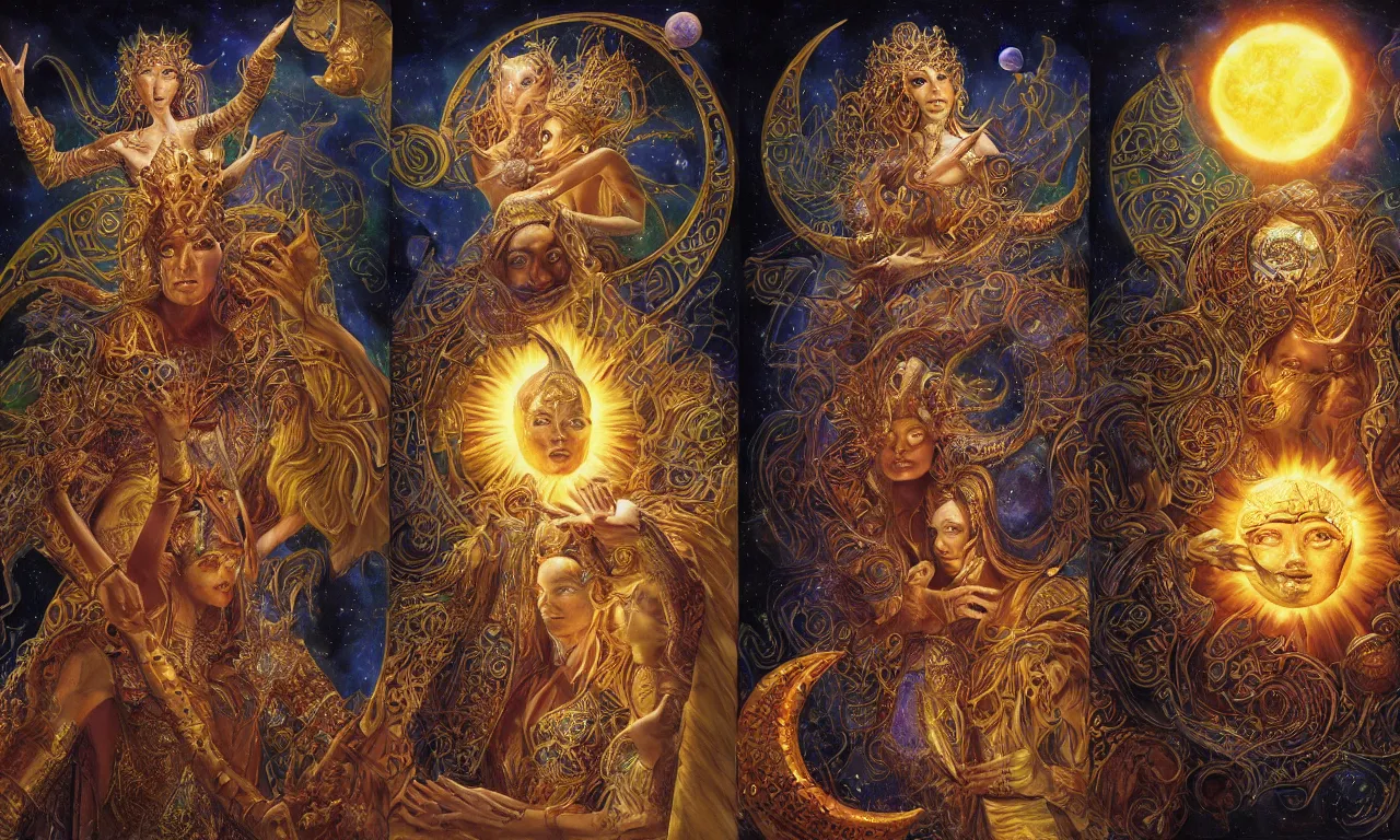 Image similar to sun king and moon queen in the cosmic court of mystical astronomy, art by james c. christensen and keith parkinson