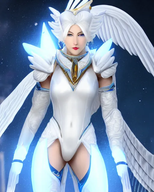 Image similar to perfect white haired egyptian goddess wearing white dove wings, warframe armor, regal, attractive, ornate, sultry, beautiful, ice queen, half asian, pretty face, blue eyes, detailed, scifi platform, 4 k, ultra realistic, volumetric lighting, illuminated, cinematic, masterpiece, art by akihito tsukushi, voidstar