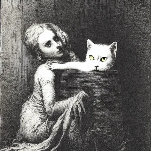 Image similar to manon and gregoire with a white cat with yellow eyes, gustave dore engraving