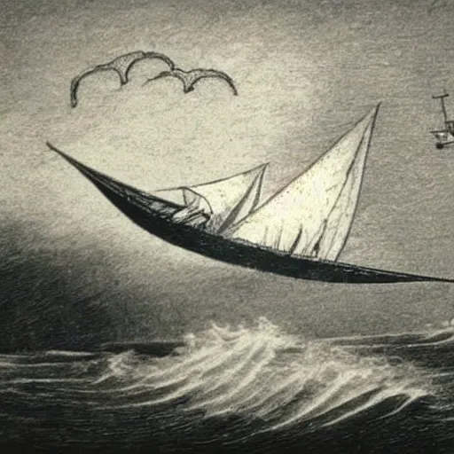 Image similar to grainy reproduction of a 1700s etching of a zeppelin being shot down over the ocean by a sailing ship