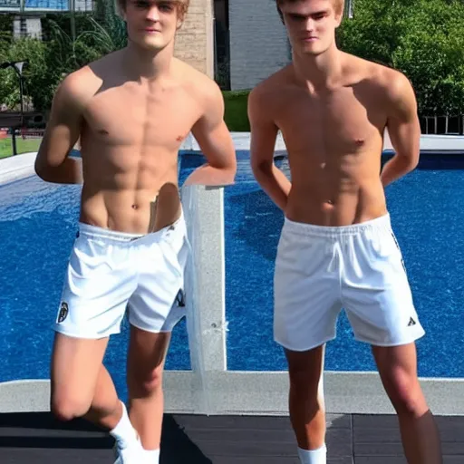 Prompt: a realistic detailed photo of a guy who is an attractive humanoid who is half robot and half humanoid, who is a male android, soccer players martin ødegaard & timo werner, shiny skin, posing like a statue, blank stare, by the pool, on display, showing off his muscles, many copies of them