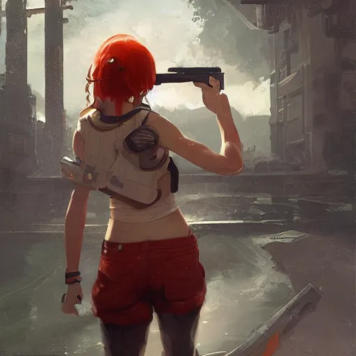 Image similar to A redheaded girl wearing a crop top, shorts and wielding a gun, character design by charles bowater,greg rutkowski,ross tran,hyperdetailed,hyperrealistic,4k,deviantart,artstation,professional photography,concept art, anime