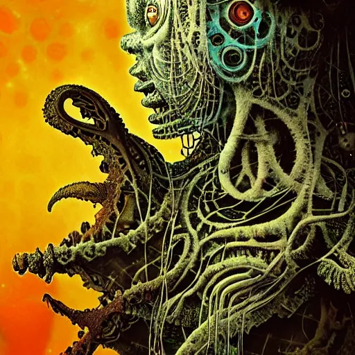 Prompt: highly evolved biomechanical phyrexian dreadnought pregnant borg queen hybrid dotted with lichens and fungal growth being possessed by the machine spirit, artists tram pararam and doctor seuss with beryl cook and hr giger, high contrast cinematic light, mystical shadows, sharp focus, octane render