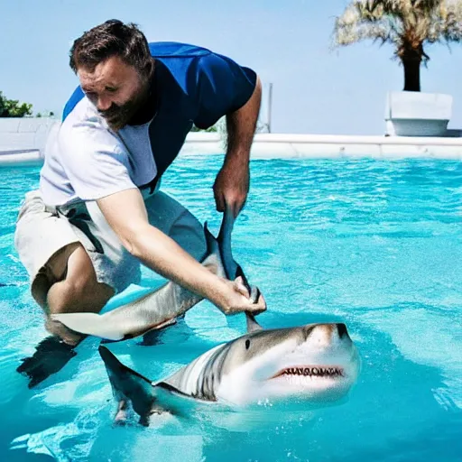 Image similar to a man feeding a shark in a pool