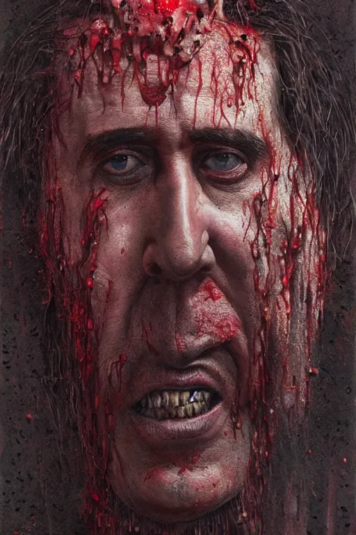 Image similar to Many faces of Nicolas Cage which crawls under the hood of distorted creature, dark fantasy, intricate, red, highly detailed, smooth, artstation, painted by Wayne Barlowe, Greg Rutkowski, zdislav beksinski, Francis Bacon