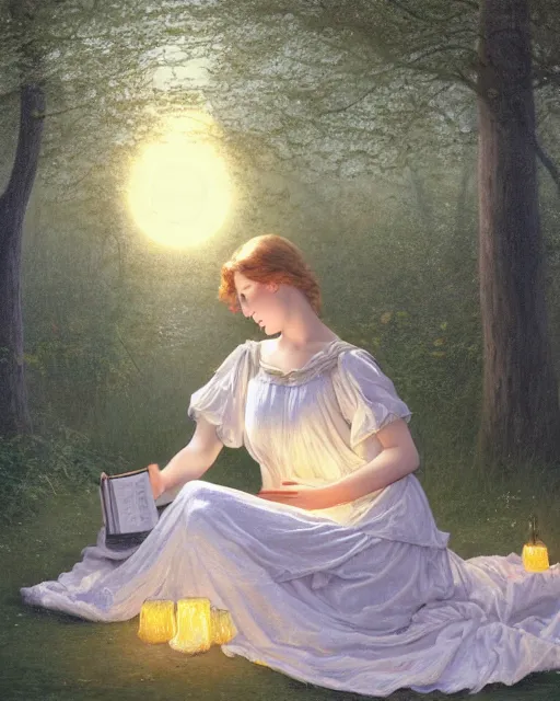 Image similar to a girl in white nightgown reading a book by the river, a full moon on the horizon, dark starry sky, golden orbs and fireflies, illustration, dramatic lighting, painting oil on canvas, art nouveau, 8 k, by edmund blair leighton, brom, charlie bowater, trending on artstation, faces by tom bagshaw, sargent