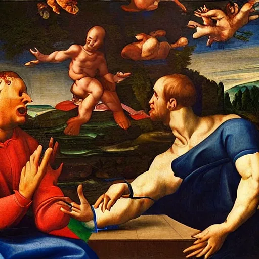 Prompt: man writhing in pain after consuming mcdonald's sprite, renaissance painting, sistine chapel