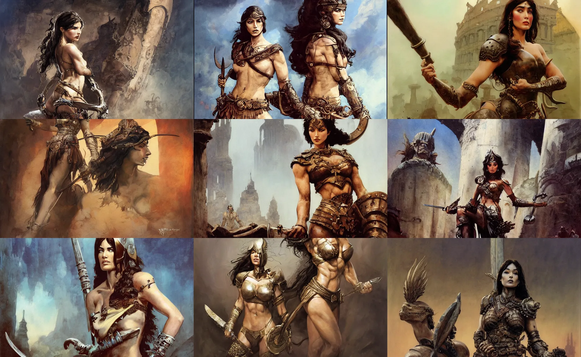 Prompt: A mixed media painting of a brunette woman warrior in a coliseum, very aesthetic, detailed face and eyes, by Frank Frazetta, Boris Vallejo, Greg Rutkowski, Beeple, Yoko Taro, Christian MacNevin, epic fantasy character art, viking runes, high fantasy, CGsociety, full length, exquisite detail, post-processing, masterpiece, cinematic, coliseum backdrop