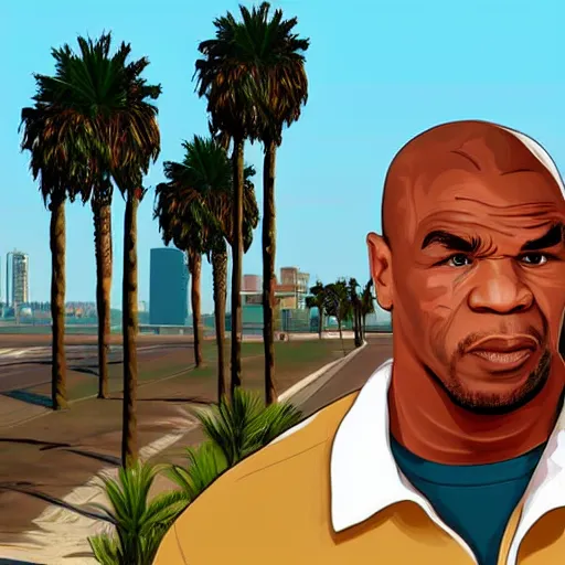 Prompt: Mike Tyson in GTA V. Los Santos in the background, palm trees. In the art style of Stephen Bliss