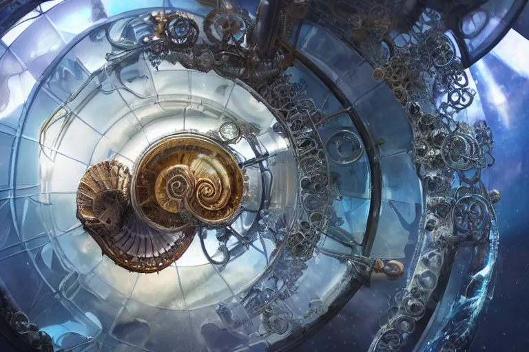 Prompt: inside a nautilus made of mirrors is a sculpture of light, madness and broken glass, the lost voices of ancient civilizations call forth from the void a steampunk mechanical contraption of wood, iron and polished nickel, it carries an hourglass called old age, by jessica rossier