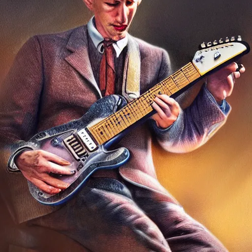 Image similar to 1940's man playing an electric guitar, photorealistic art, hd, 8k, intricate details, high definition, real life