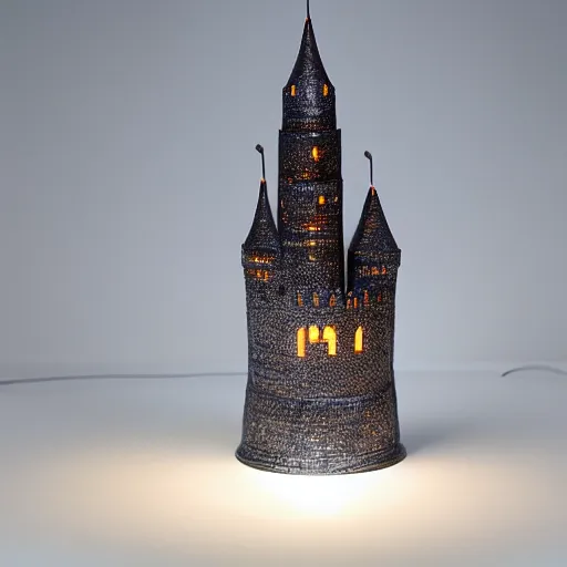 Prompt: a bedside lamp shaped like a castle