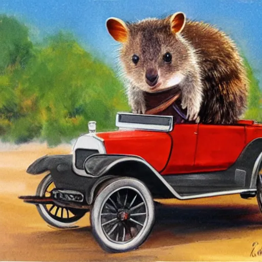 Prompt: a quokka driving a model t ford, in the style of anders zorn