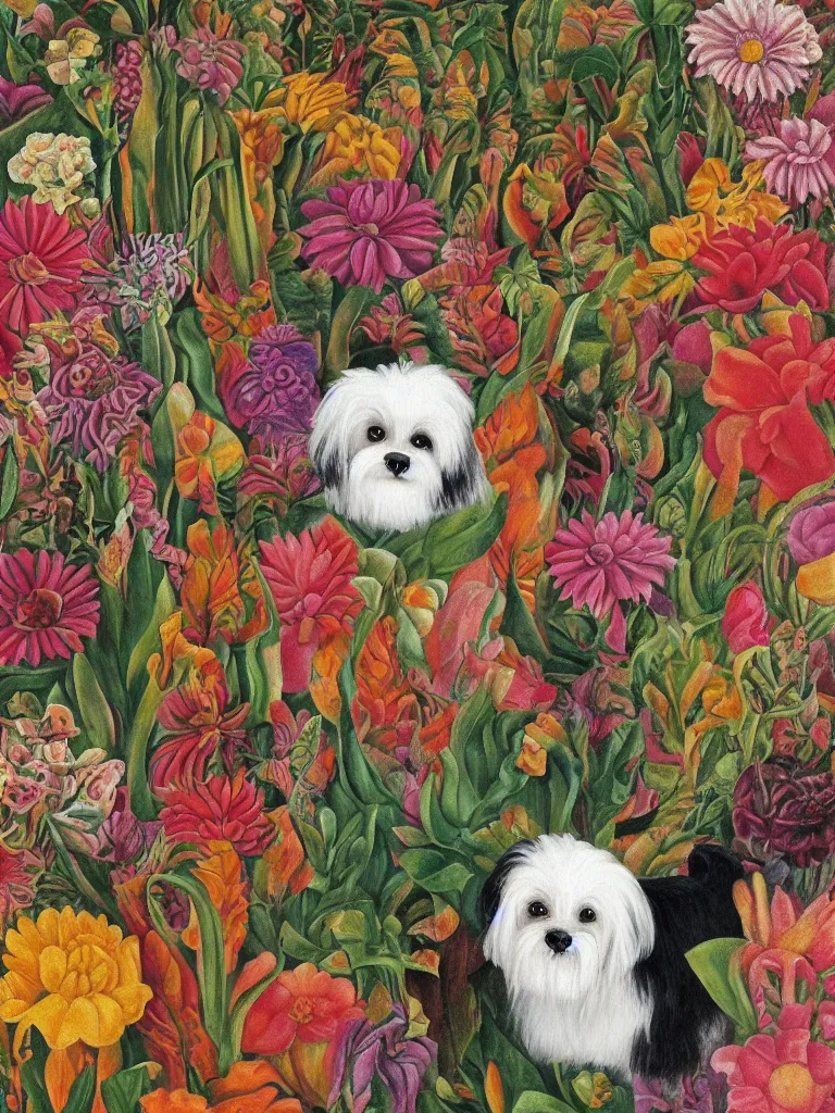 Prompt: a cream colored havanese dog, surreal background, plants and flowers, mexican art, naive art, by frida kahlo