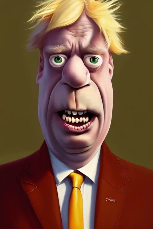 Image similar to Boris Johnson as a Simpsons character, realistic portrait, symmetrical, highly detailed, digital painting, artstation, concept art, smooth, sharp focus, illustration, cinematic lighting, art by artgerm and greg rutkowski and alphonse mucha