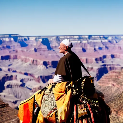 Image similar to A photo of the Pope riding a camel at the grand canyon 85mm lens, f1.8.