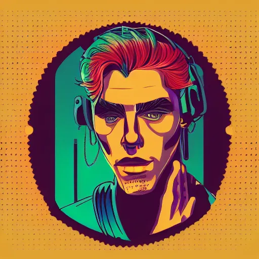 Prompt: a portrait of tattooed the beautiful man, in retro colors, synthwave style, 2 d digital vector art