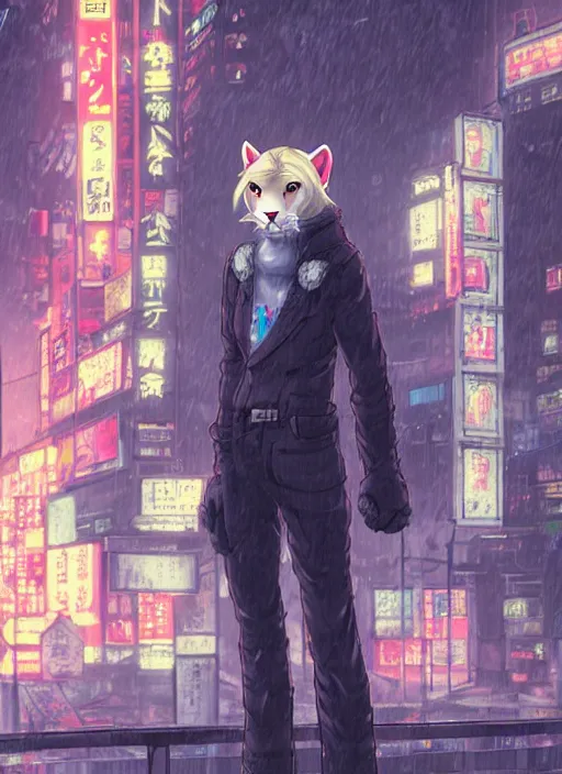 Image similar to character portrait of a male anthro albino mountain lion fursona with a cute beautiful attractive furry face wearing stylish clothes in a cyberpunk city at night while it rains. hidari, color page, tankoban, 4K, tone mapping, Akihiko Yoshida.