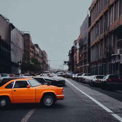 Image similar to a bunch of cars that are sitting in the street, a matte painting by niko henrichon, trending on unsplash, stuckism, cityscape, depth of field