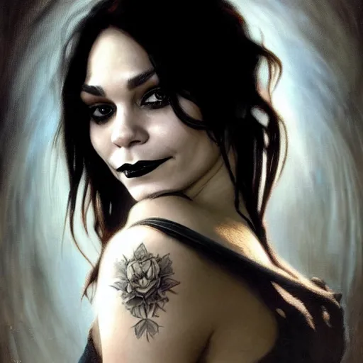 Image similar to beautiful portrait of vanessa hudgens as death from sandman, smiling, by cedric peyravernay, alphonse mucha, by jeremy mann, by lecouffe deharme, goth chic, soft lightning, eyeliner, punk rock, high detailed, 8 k