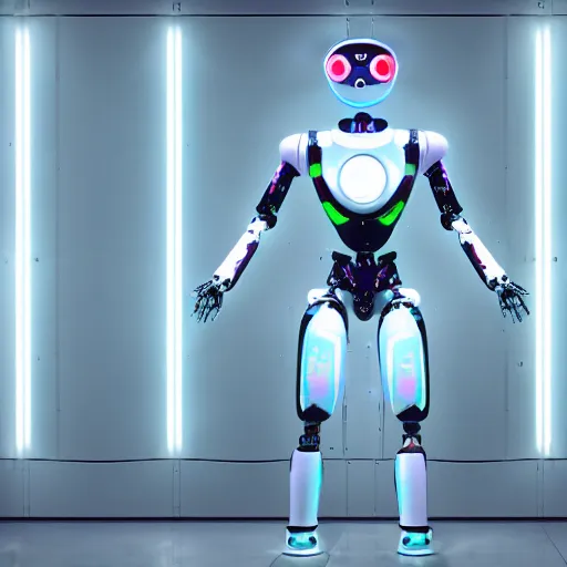 Prompt: futuristic humanoid robot in a containment facility, photorealistic, neon lights,