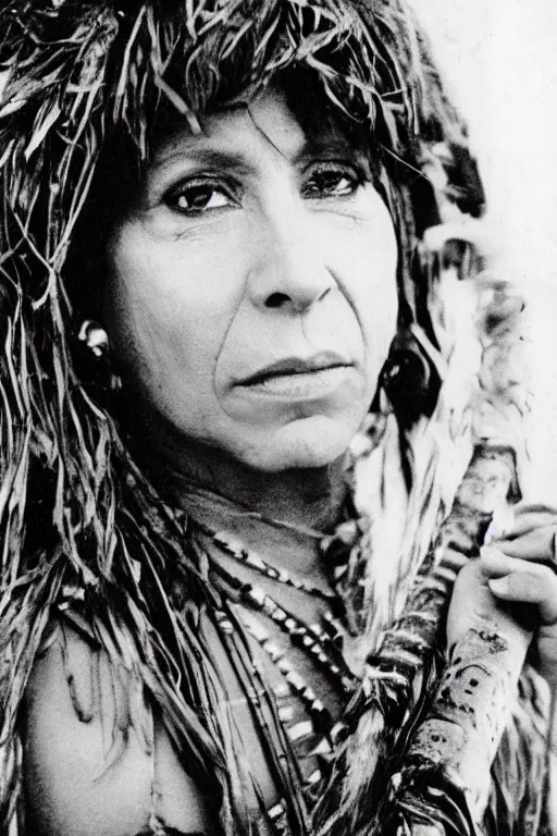 Prompt: Photo of Native American indian woman Mylene Farmer, portrait, skilled warrior of the Apache, ancient, realistic, detailed, Mylene Farmer