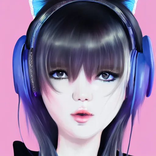 Prompt: realistic teasing detailed semirealism beautiful gorgeous cute Blackpink Lalisa Manoban white hair white cat ears blue eyes, wearing black camisole outfit, headphones, black leather choker full HD 4K high resolution quality WLOP, Aztodio, Taejune Kim, Guweiz, Pixiv, Instagram, Artstation