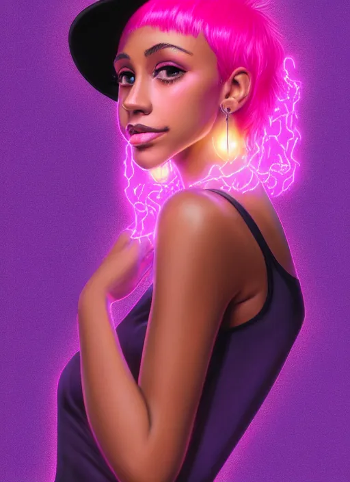 Image similar to portrait of teenage vanessa morgan with bright pink hair, black girl, curly pixie cut hair, wearing a purple breton cap, breton cap, hoop earrings, intricate, elegant, glowing lights, highly detailed, digital painting, artstation, concept art, smooth, sharp focus, illustration, art by wlop, mars ravelo and greg rutkowski