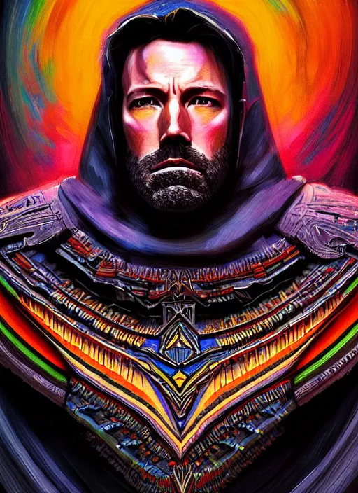 Prompt: portrait of ben affleck, hyper detailed ultra sharp aztec shaman warrior. trending on artstation, warpaint aesthetic, bloodwave, colorful, psychedelic, ornate, intricate, digital painting, concept art, smooth, sharp focus, illustration, art by artgerm and greg rutkowski and h. r. giger, 8 k